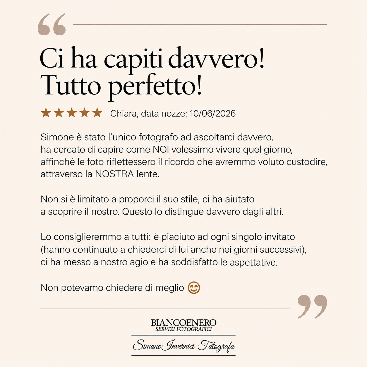 Recensione di Chiara su Biancoenero Servizi Fotografici: Simone Invernici ha ascoltato gli sposi, aiutandoli a scoprire il proprio stile fotografico per il matrimonio.